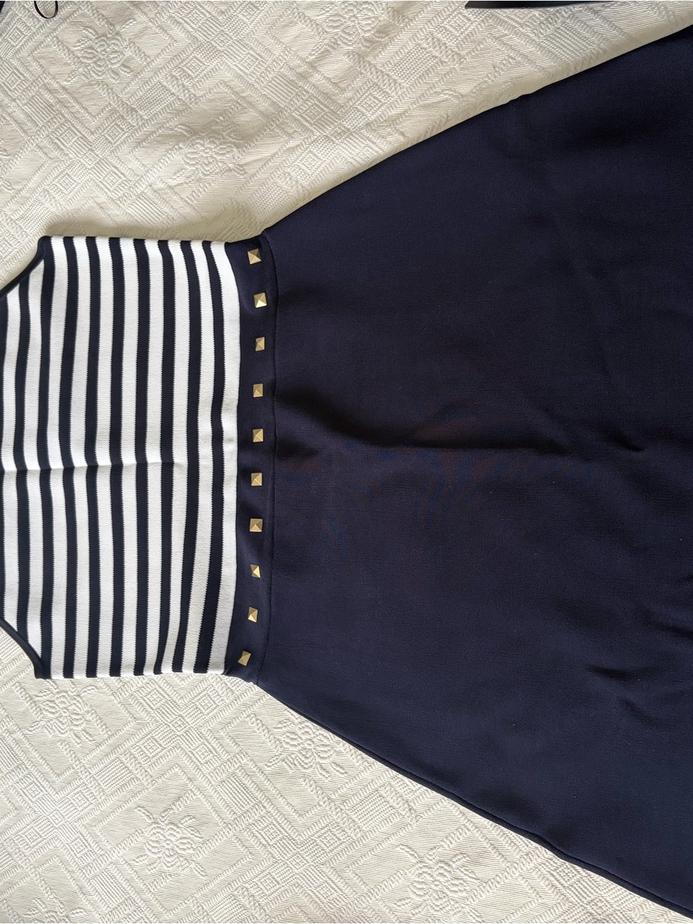 Michael Kors Navy and White Striped Midi Dress with Gold Stud Waist